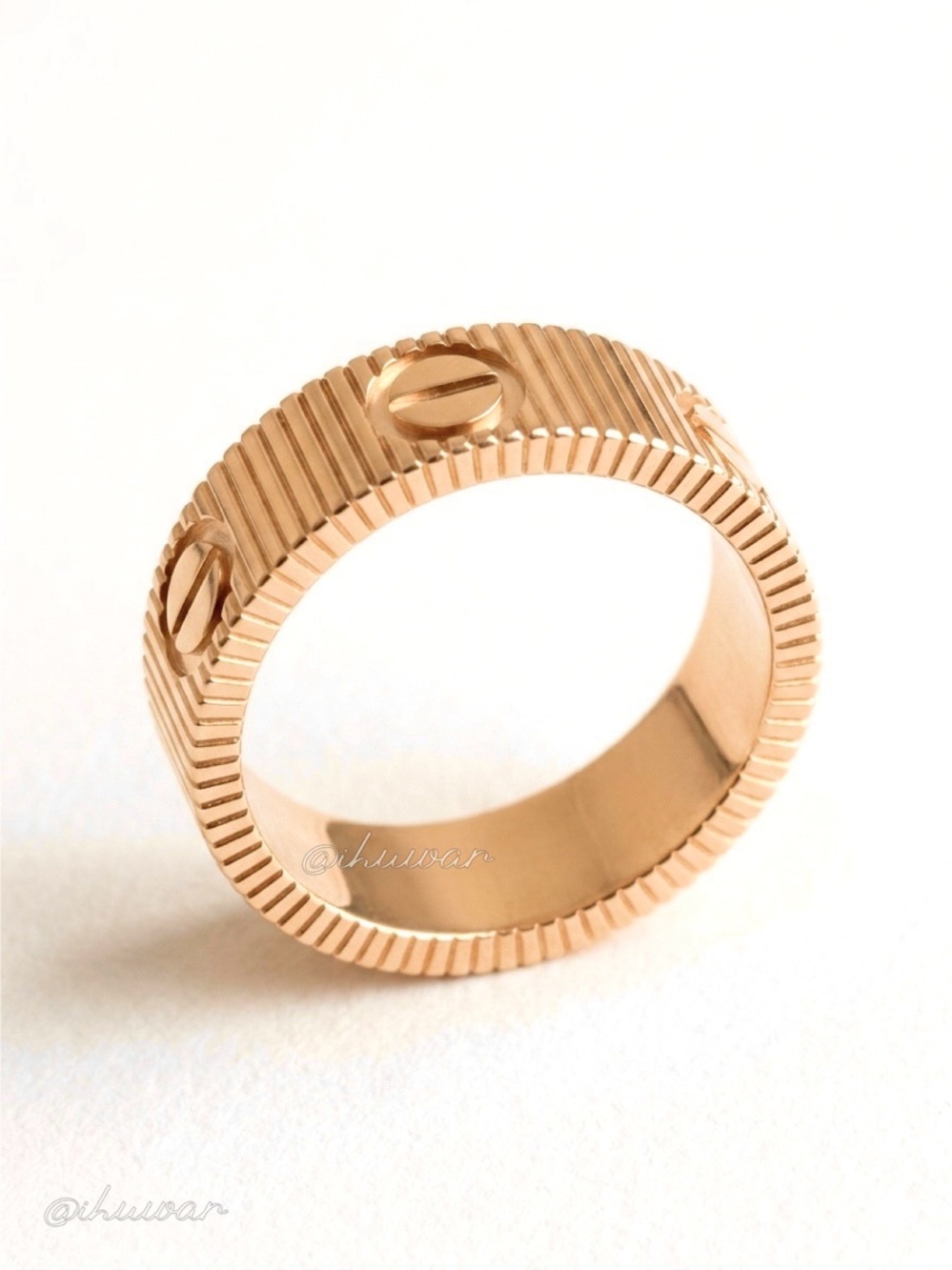 Gold LOVE Ring Screw Motifs Ribbed Band Ring Size 7 - Picture 3 of 5